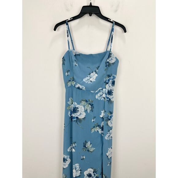 NEW Lulus Feeling Elegant Slate Blue Floral Print Lace Up Slit Maxi Dress Medium - Picture 9 of 12